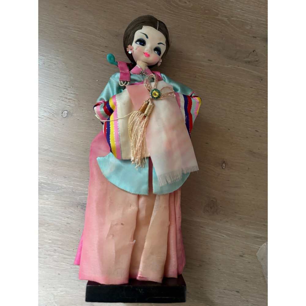 Vintage Korean Doll Traditional Silk Hanbok Teal Pink Wooden Base repair/Upcycle
